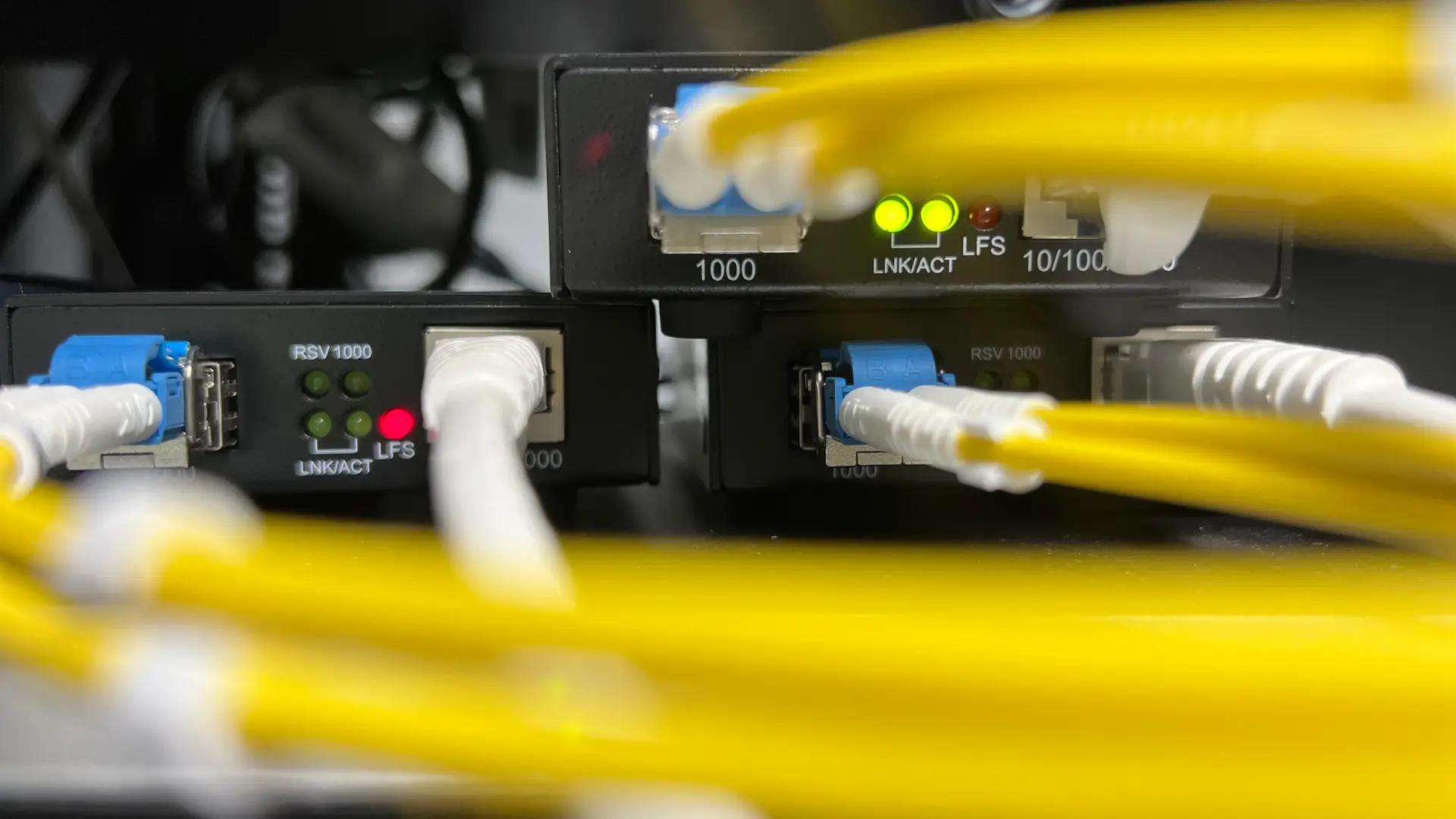 Vista en detalle de cables de fibra óptica de internet